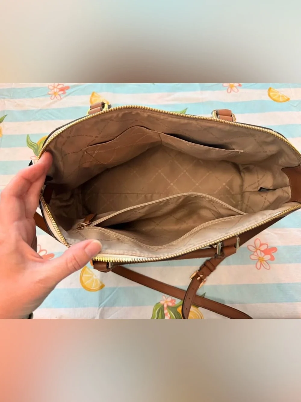 Michael Kors Beige Logo and Brown Leather Satchel